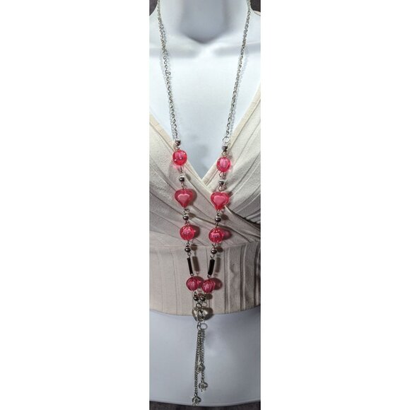 Coquette Heart Pink And Silver Tone Station Necklace With Tassel Accent - Picture 2 of 7